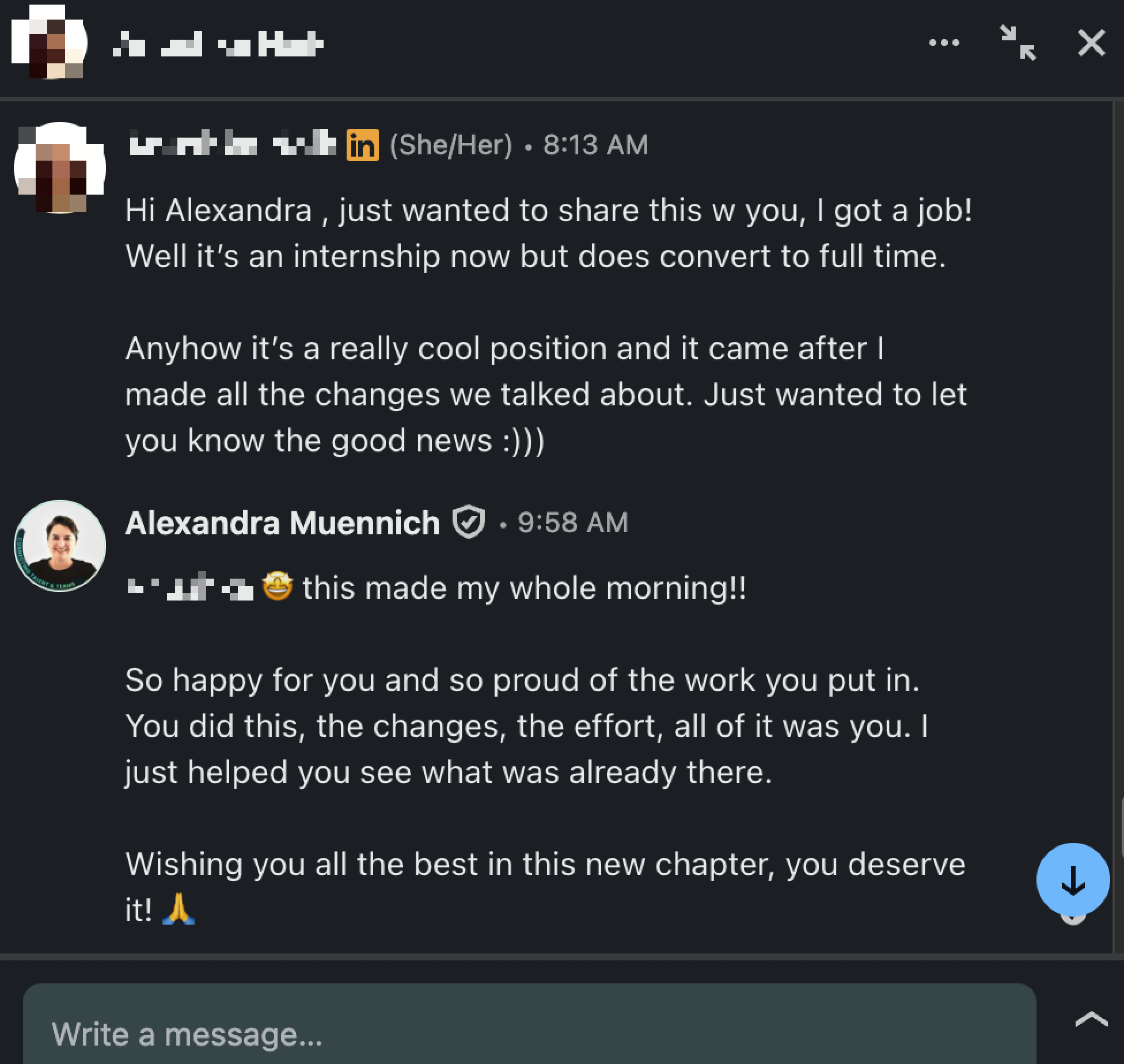Blurred screenshot of the candidate's message sharing that she got the role